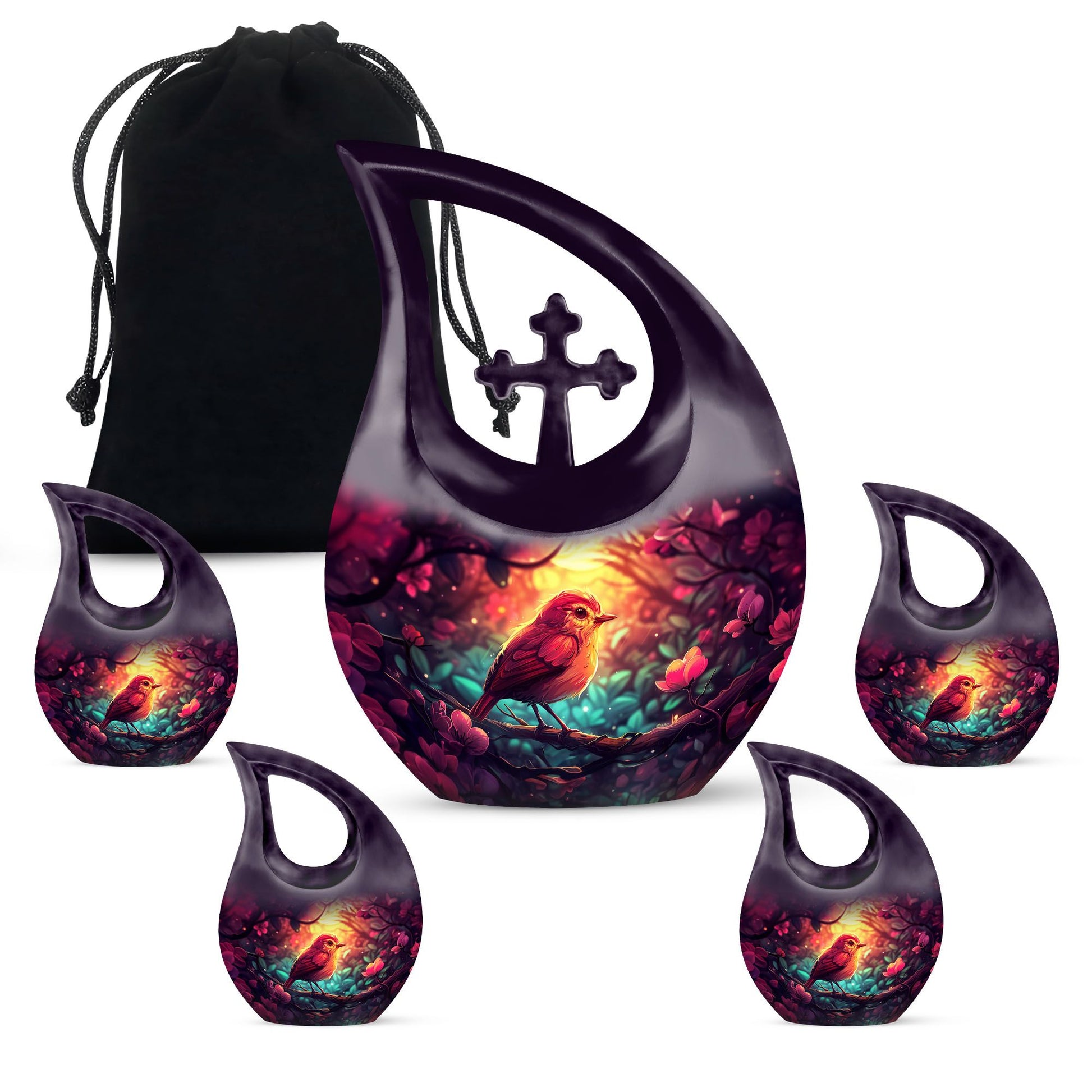 Sparrow Theme Large Urn With 4 Keepsake Urn