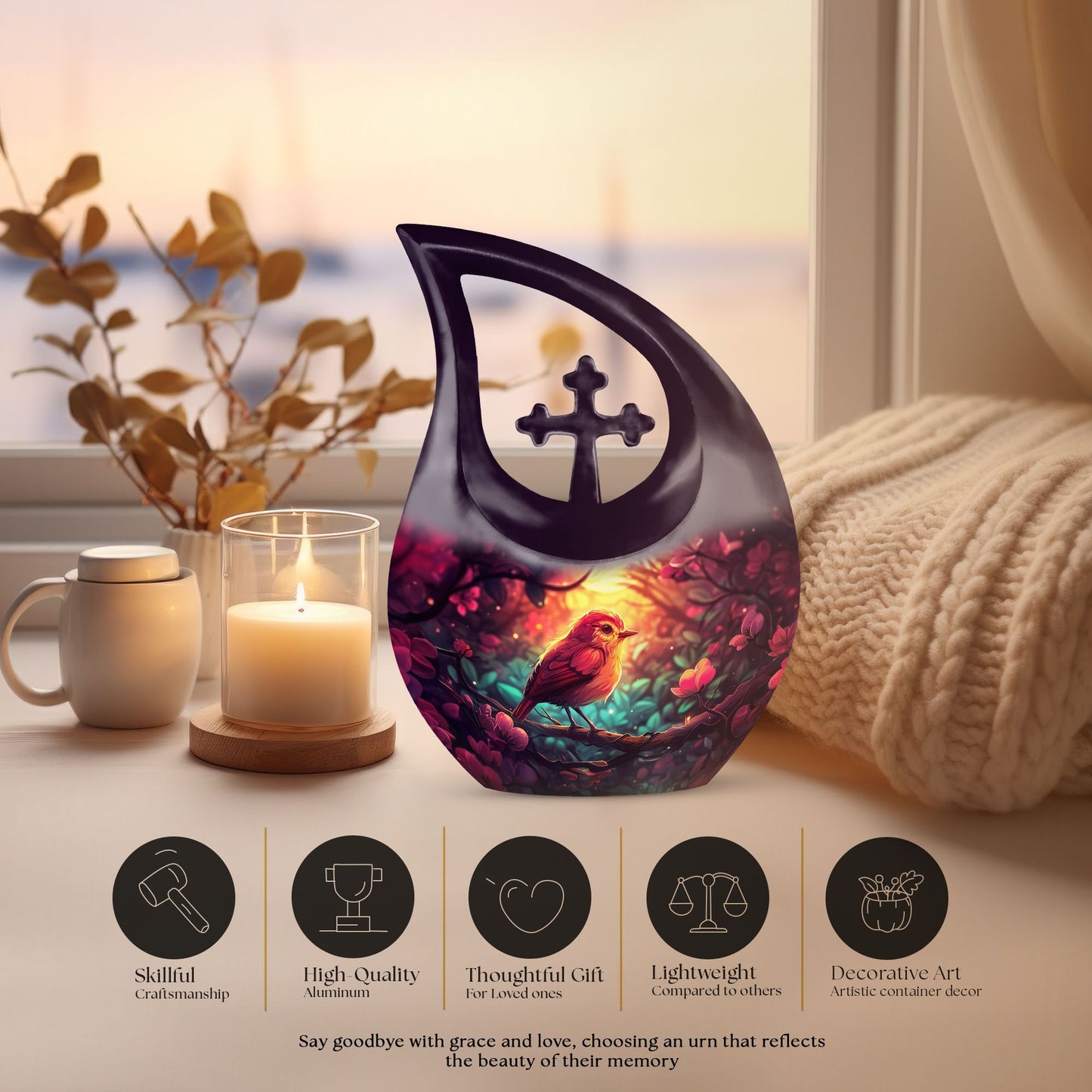 10-inch Sparrow Urn featuring Cross Drop design