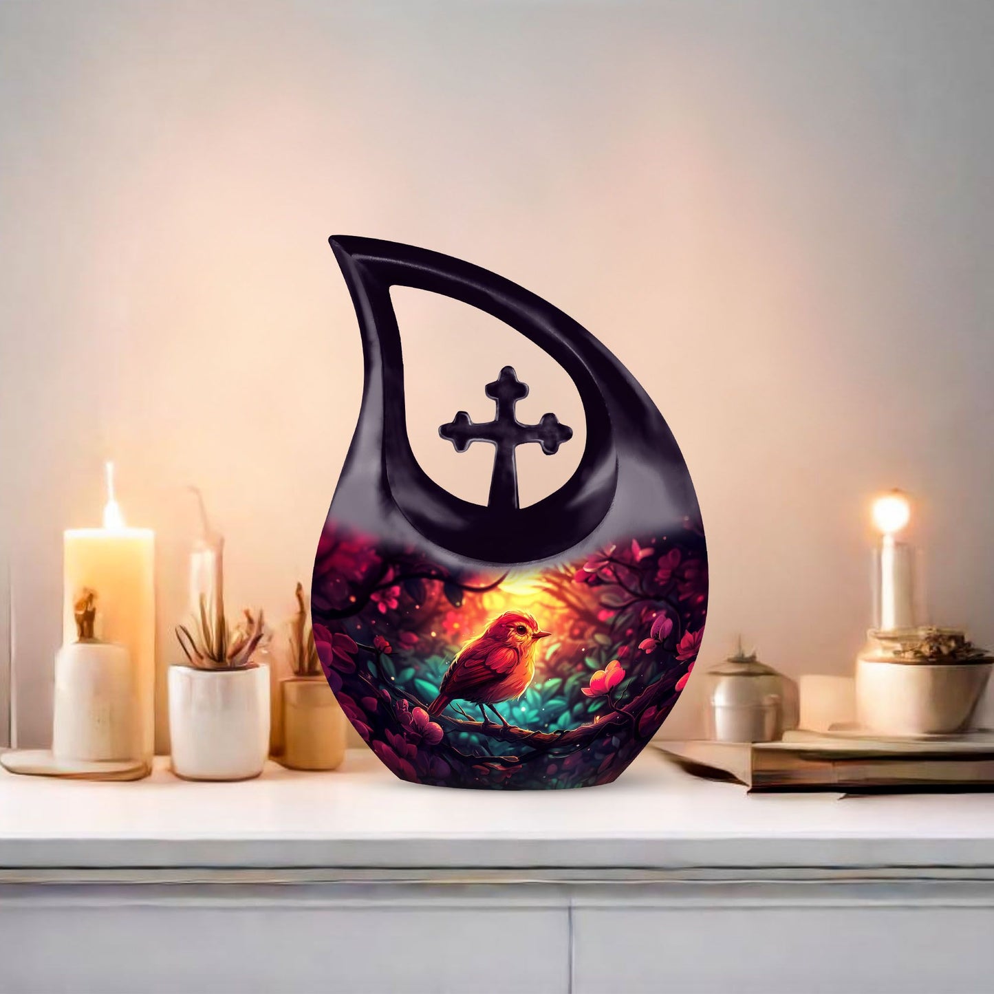 10-inch Sparrow Urn featuring Cross Drop design
