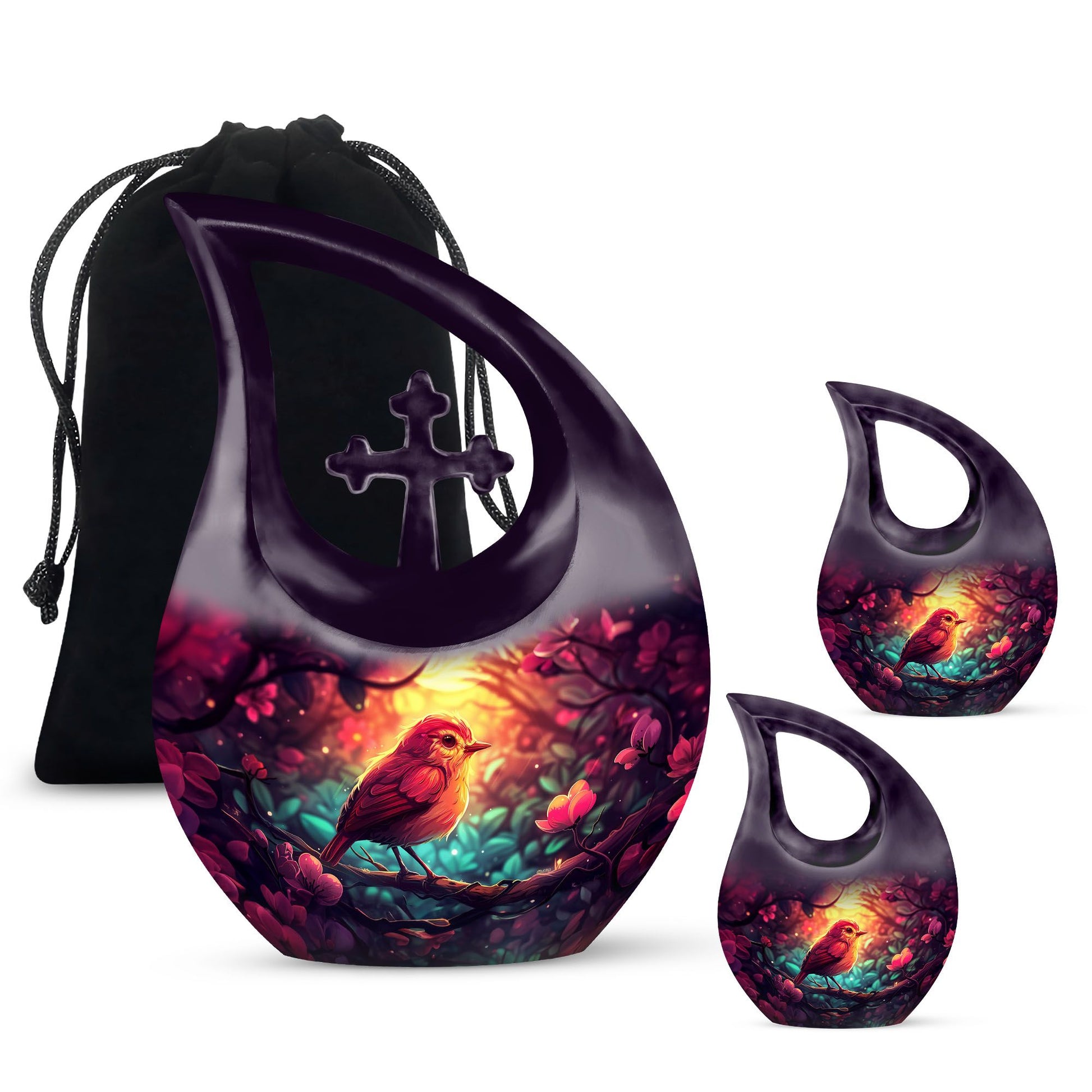 Sparrow Theme Large Urn With 2 Keepsake Urn