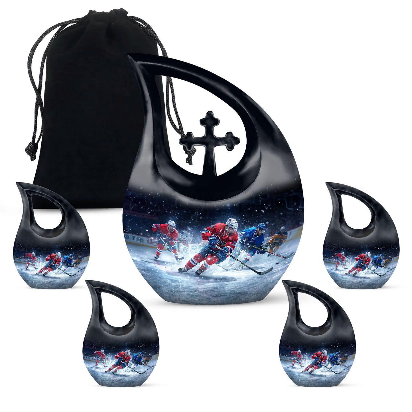 10-inch Ice Hockey Urn, Cross Drop Metal Cremation Urn, 