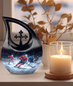 10-inch Ice Hockey Urn, Cross Drop Metal Cremation Urn, 