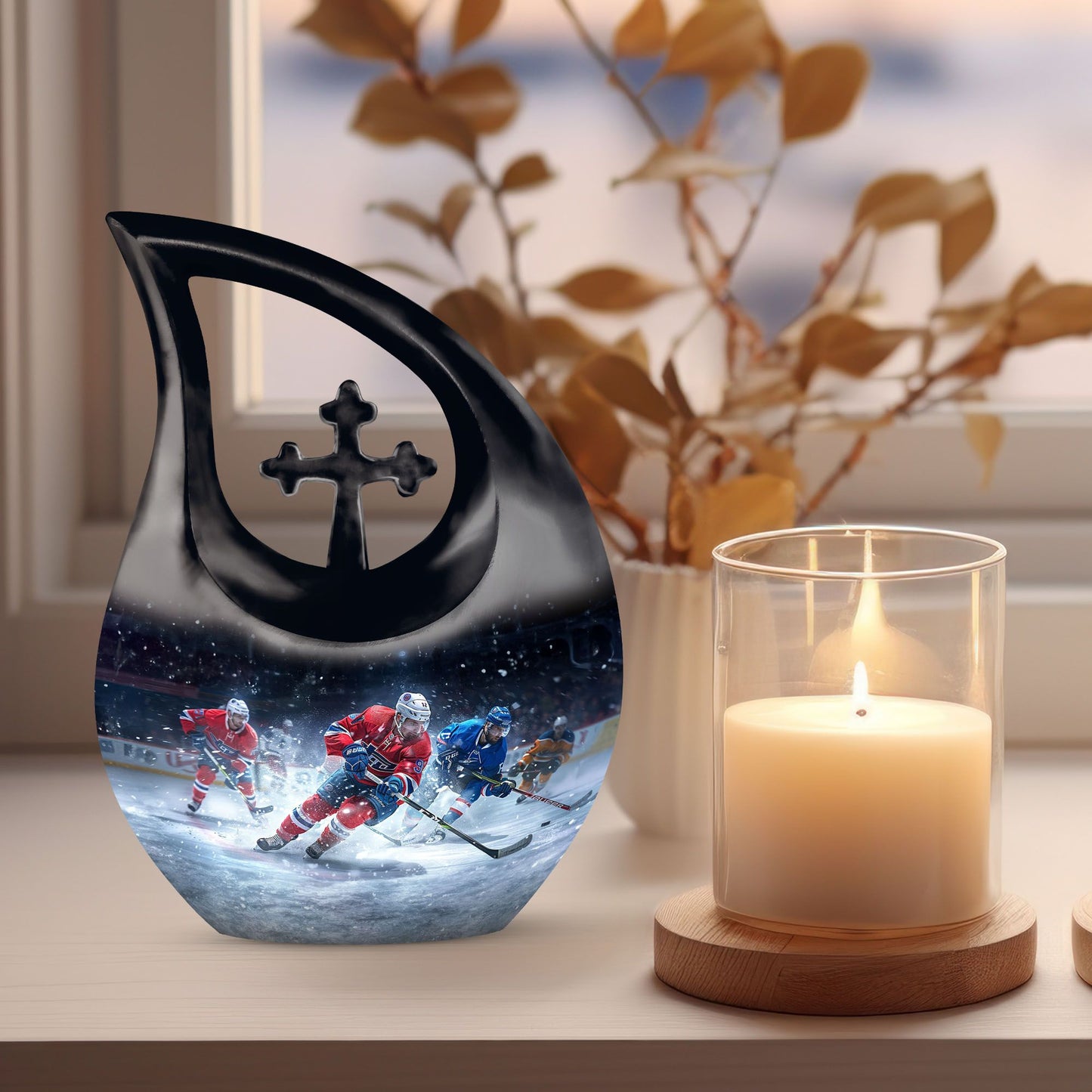 10-inch Ice Hockey Urn, Cross Drop Metal Cremation Urn, 
