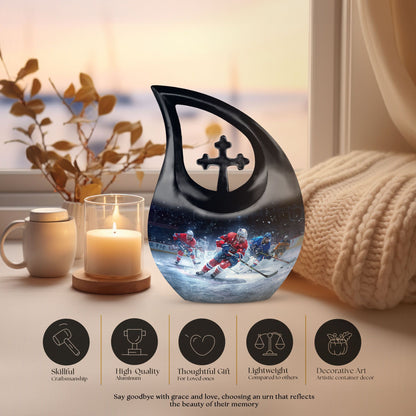 10-inch Ice Hockey Urn, Cross Drop Metal Cremation Urn, 