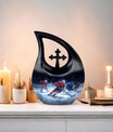 10-inch Ice Hockey Urn, Cross Drop Metal Cremation Urn, 