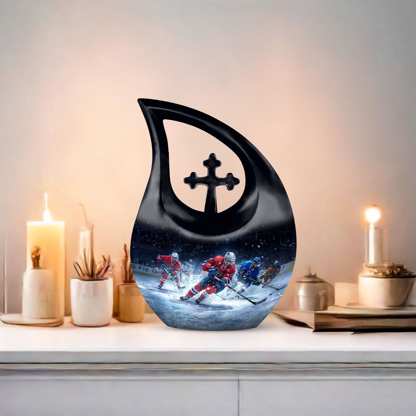 10-inch Ice Hockey Urn, Cross Drop Metal Cremation Urn, 