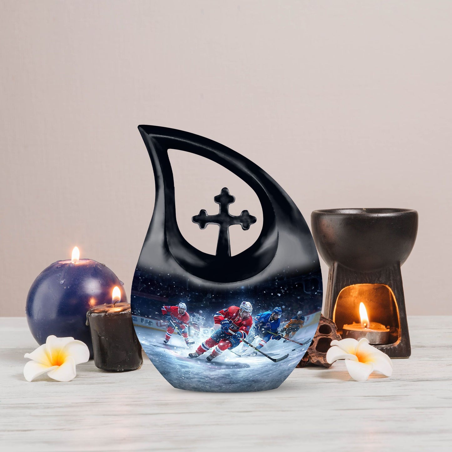 10-inch Ice Hockey Urn, Cross Drop Metal Cremation Urn, 