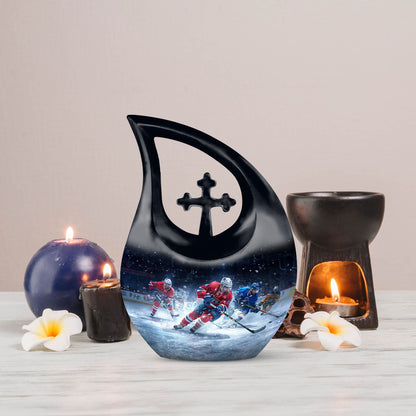 10-inch Ice Hockey Urn, Cross Drop Metal Cremation Urn, 