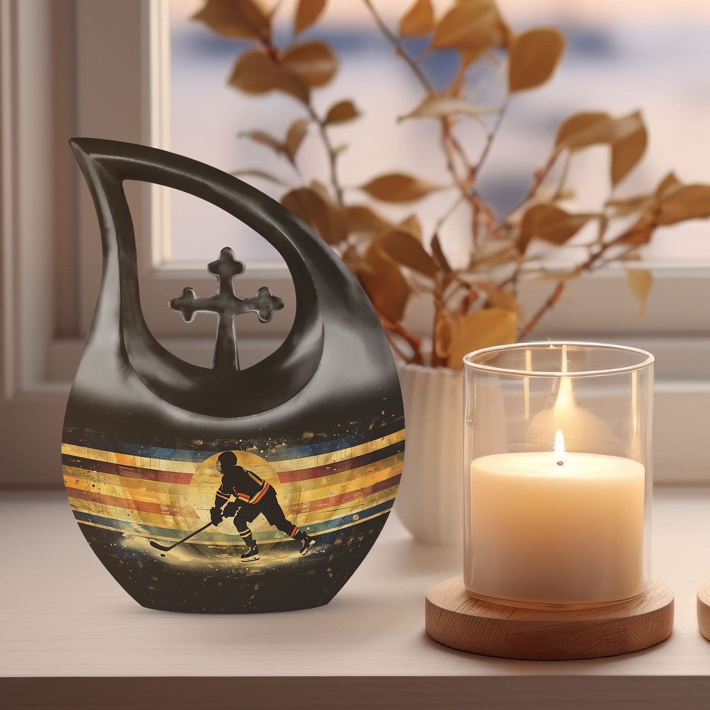 10 inch Ice Hockey Themed Cross Drop Memorial Urn 