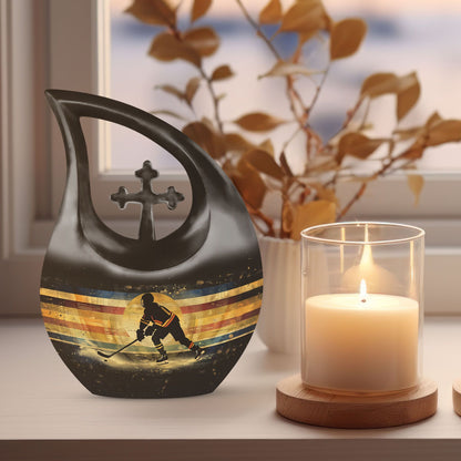10 inch Ice Hockey Themed Cross Drop Memorial Urn 