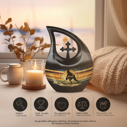 10 inch Ice Hockey Themed Cross Drop Memorial Urn 