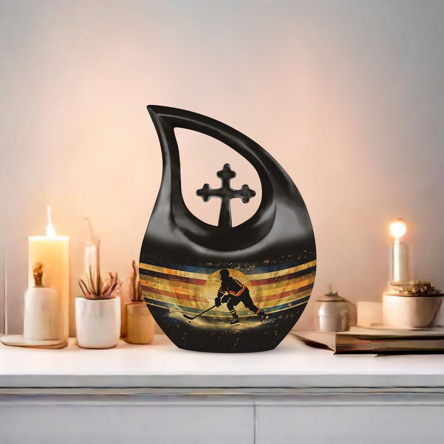 10 inch Ice Hockey Themed Cross Drop Memorial Urn 