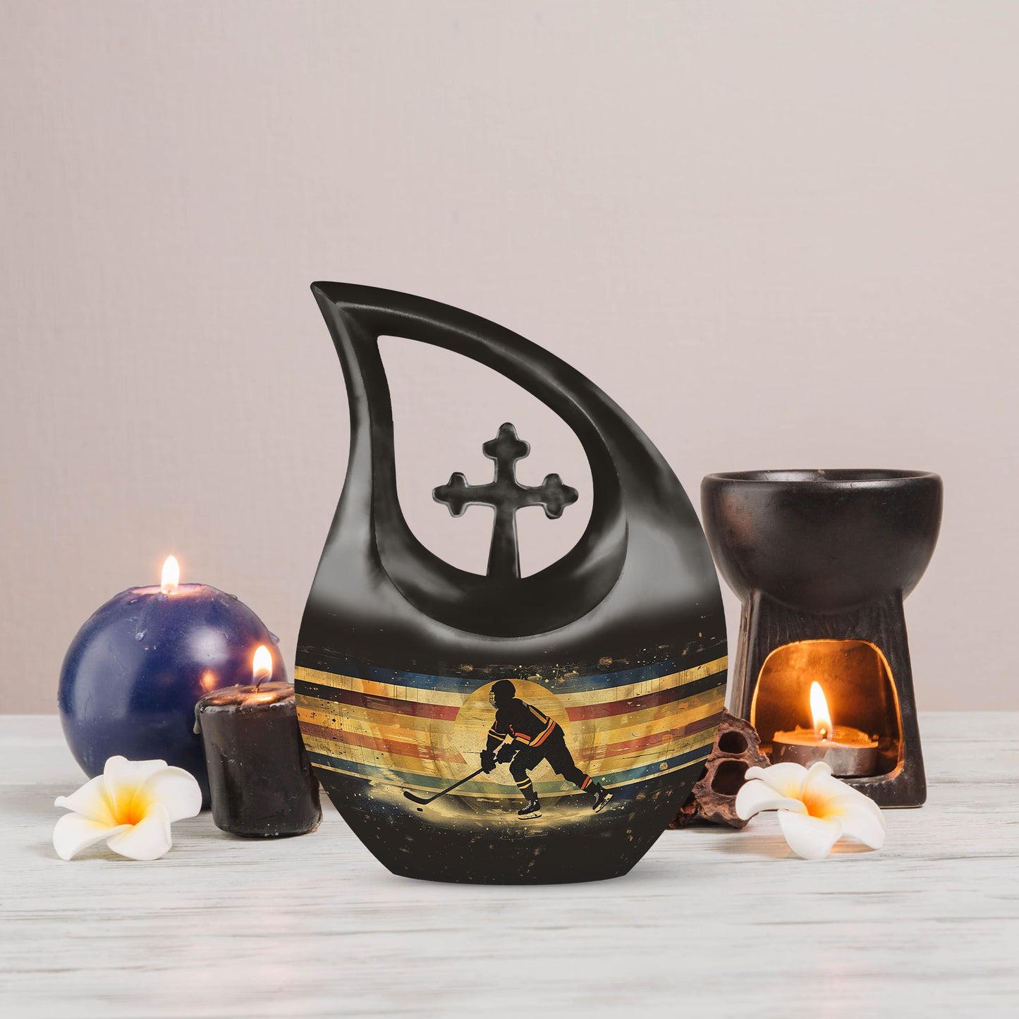 10 inch Ice Hockey Themed Cross Drop Memorial Urn 