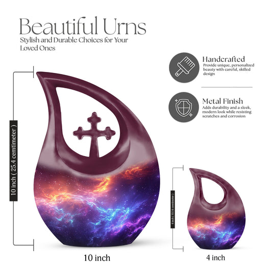 10-inch Nebula Galaxy Memorial Urn with Cross Drop design, 