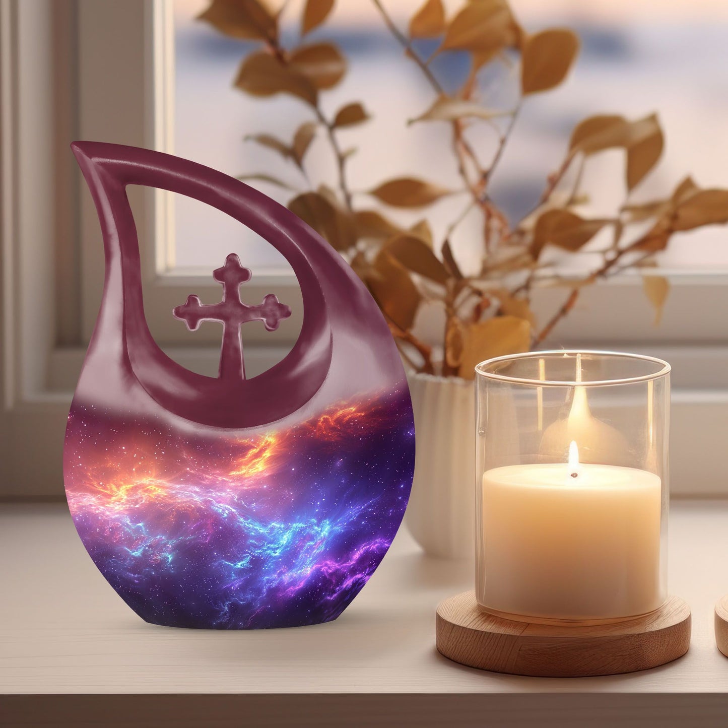 10-inch Nebula Galaxy Memorial Urn with Cross Drop design, 