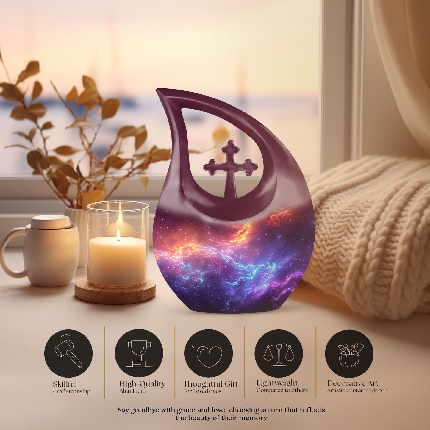 10-inch Nebula Galaxy Memorial Urn with Cross Drop design, 