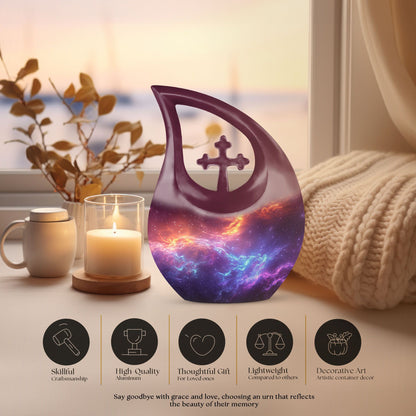 10-inch Nebula Galaxy Memorial Urn with Cross Drop design, 