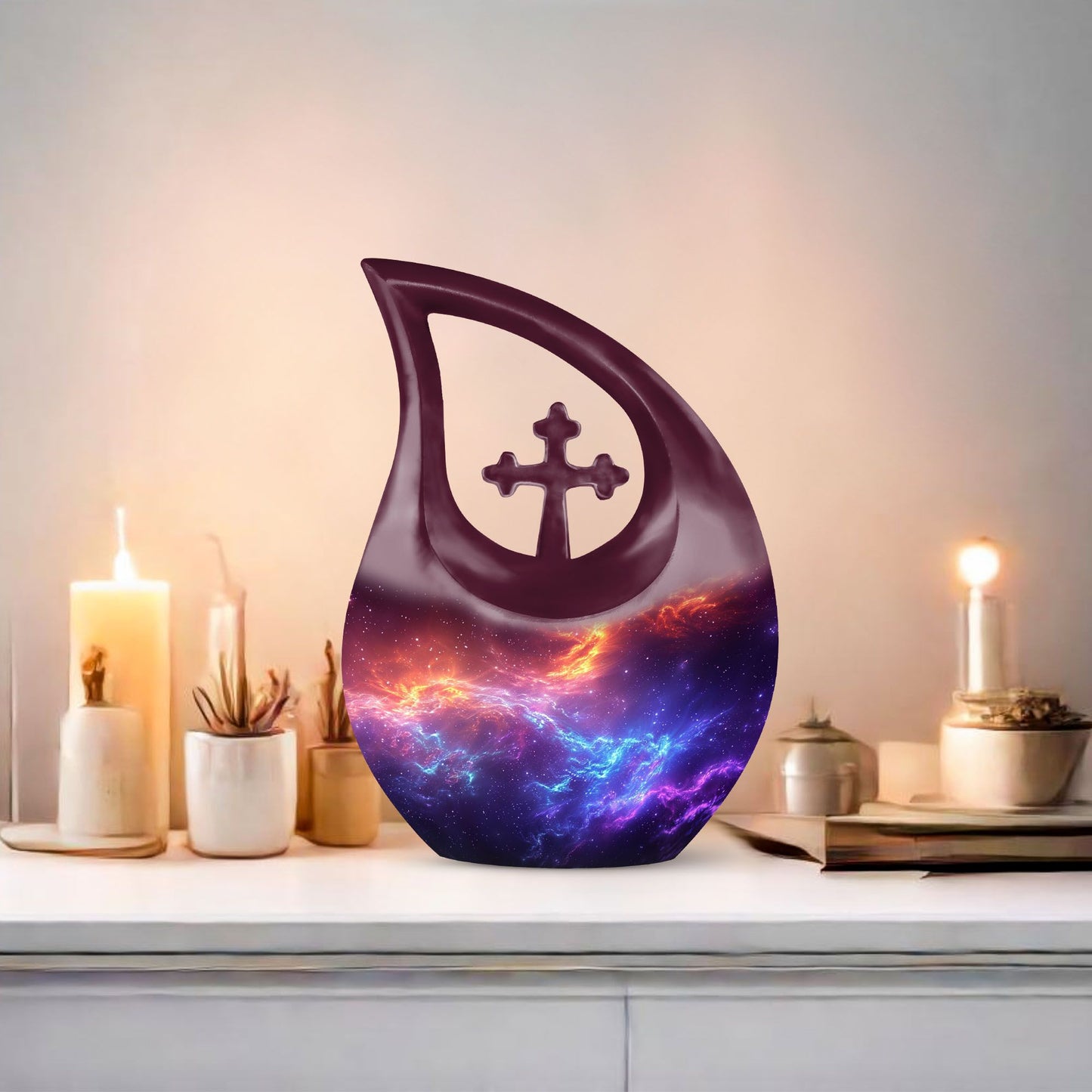 10-inch Nebula Galaxy Memorial Urn with Cross Drop design, 