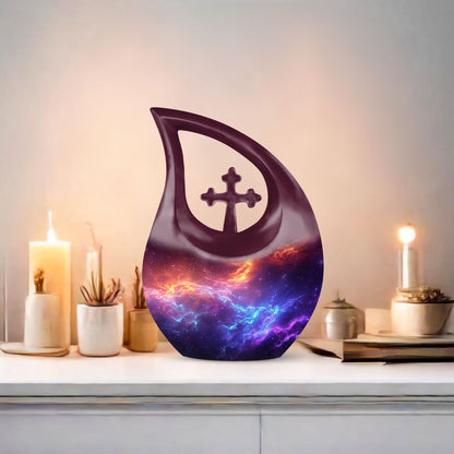 10-inch Nebula Galaxy Memorial Urn with Cross Drop design, 