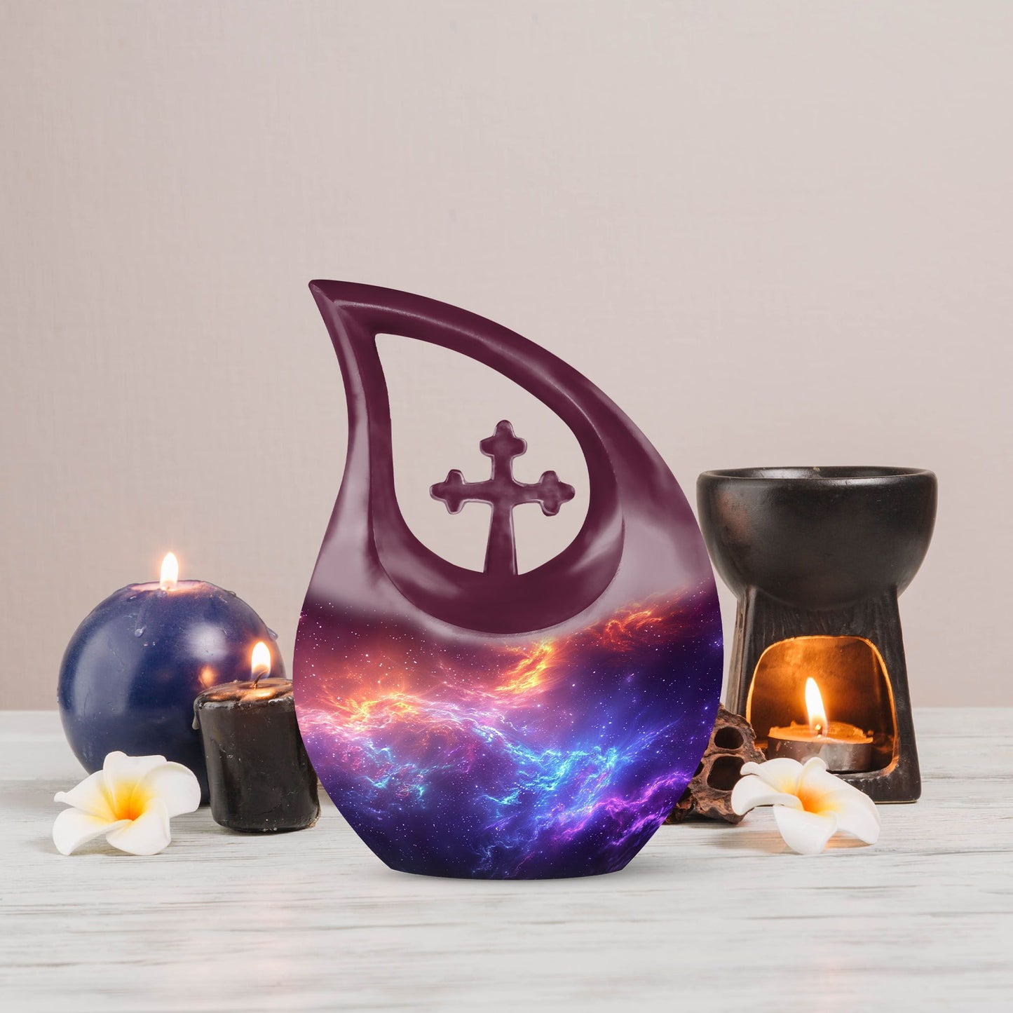 10-inch Nebula Galaxy Memorial Urn with Cross Drop design, 