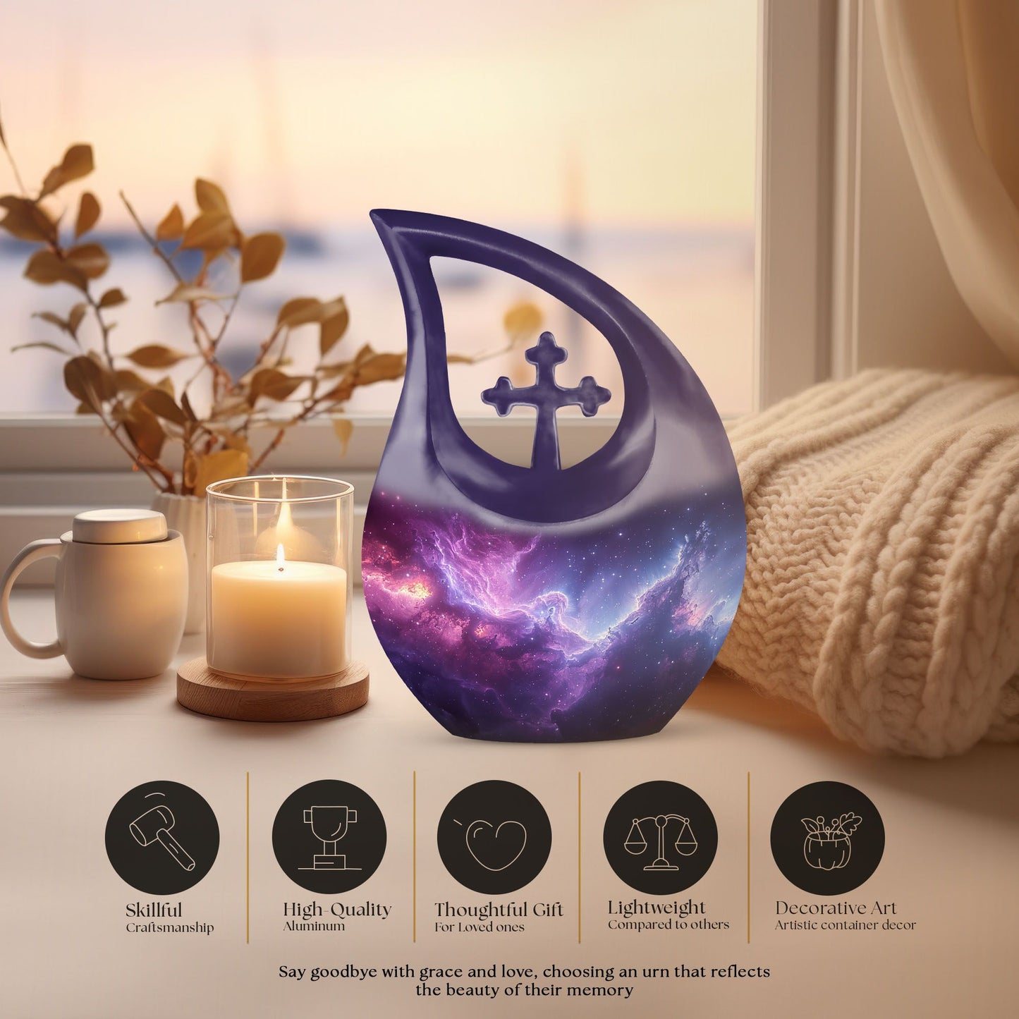 Nebula Galaxy urn, 10 inch aluminium with Cross Drop design,