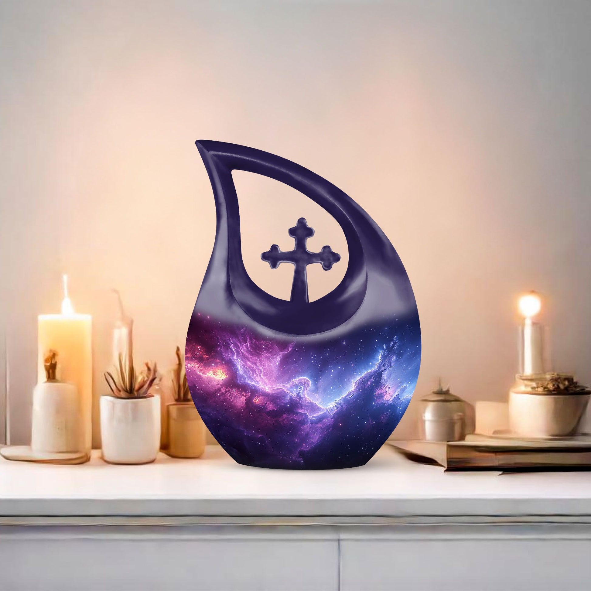 Nebula Galaxy urn, 10 inch aluminium with Cross Drop design,
