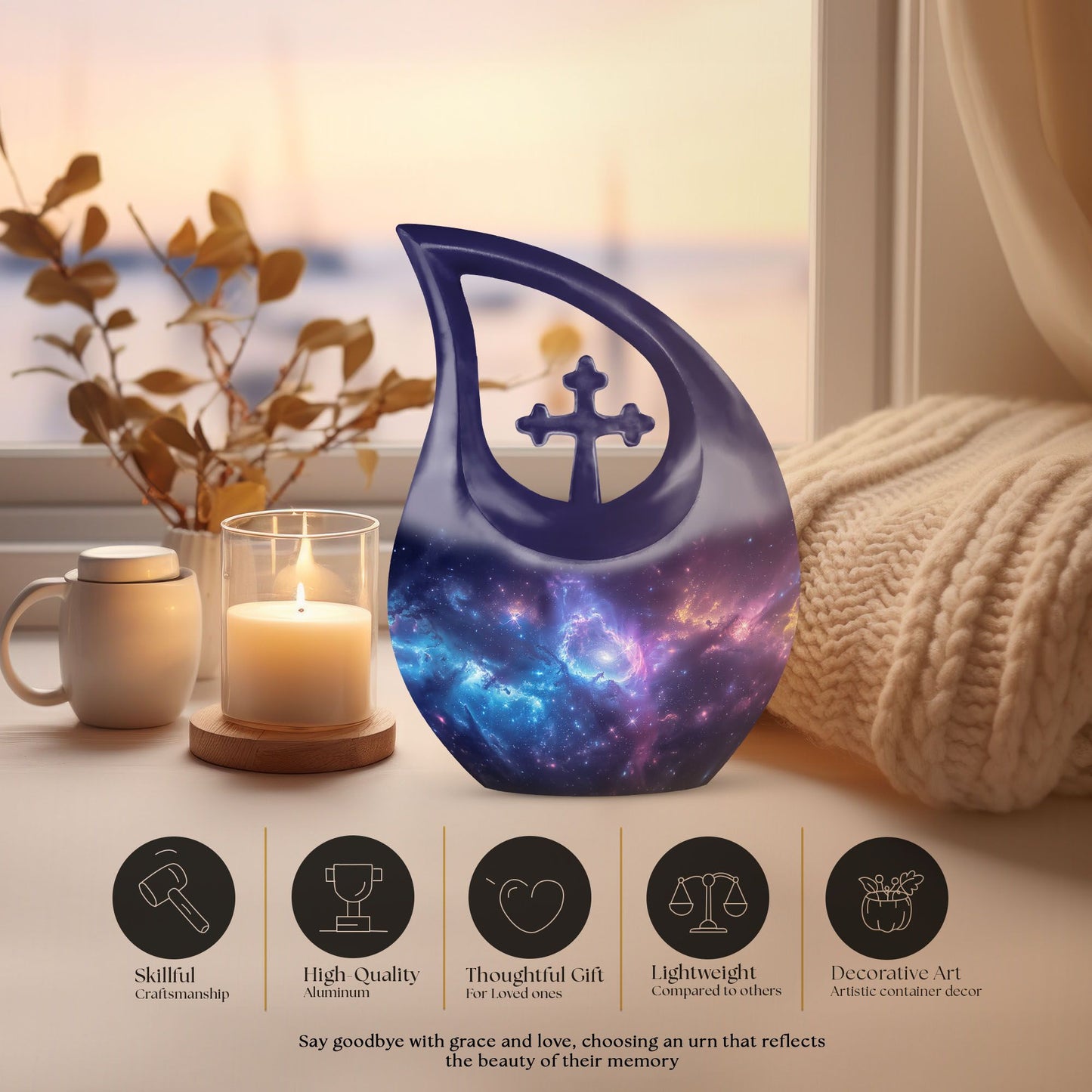 10-Inch affordable Nebula Galaxy Urn with Cross Drop design,