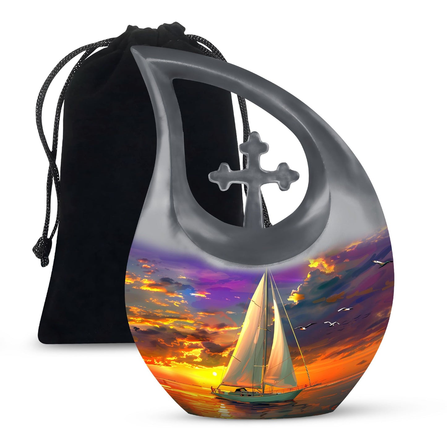 10 Inch Sail Boat Urn with Cross Drop design, 