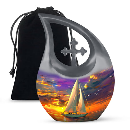 10 Inch Sail Boat Urn with Cross Drop design, 