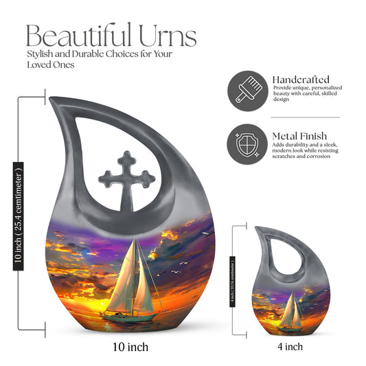 10 Inch Sail Boat Urn with Cross Drop design, 