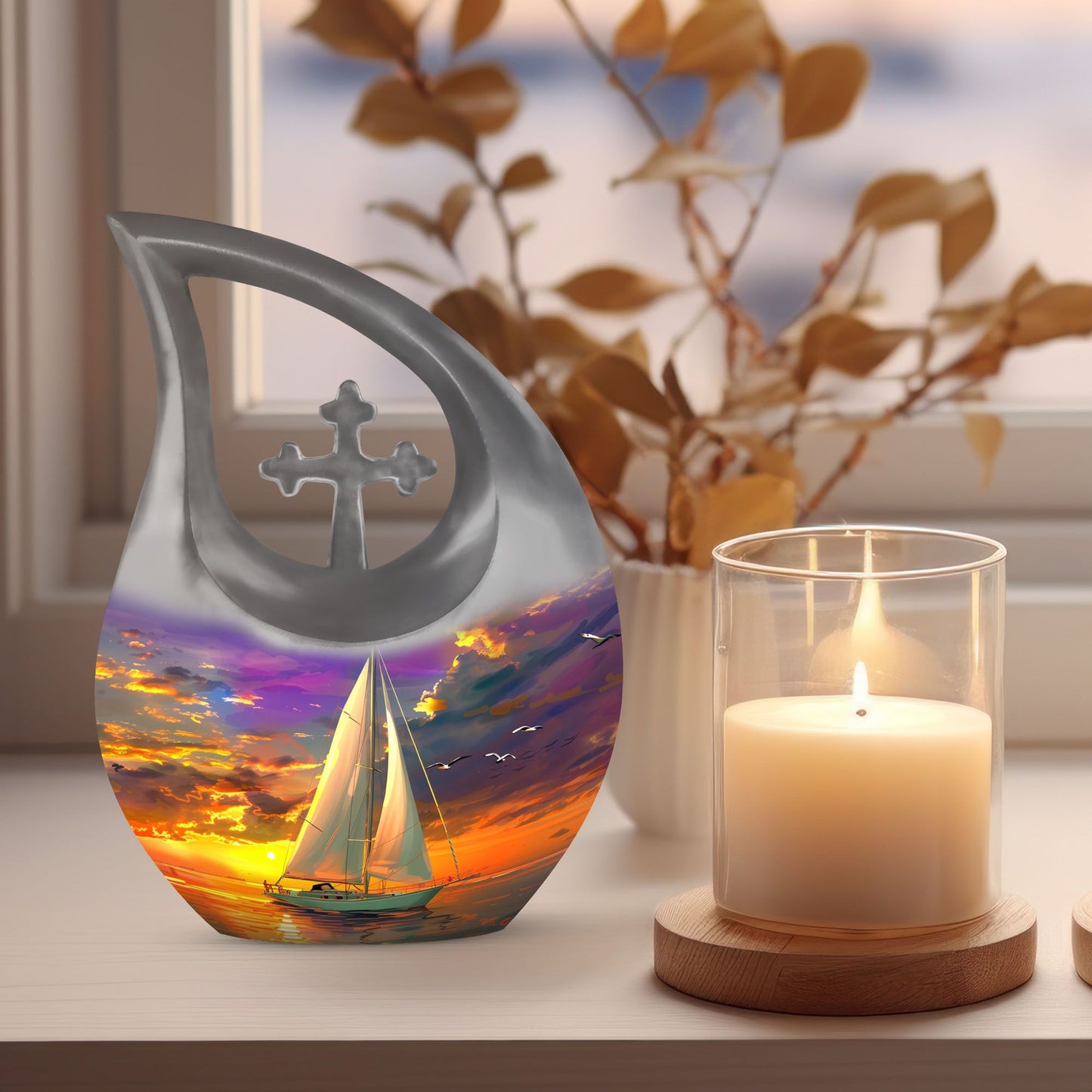 10 Inch Sail Boat Urn with Cross Drop design, 