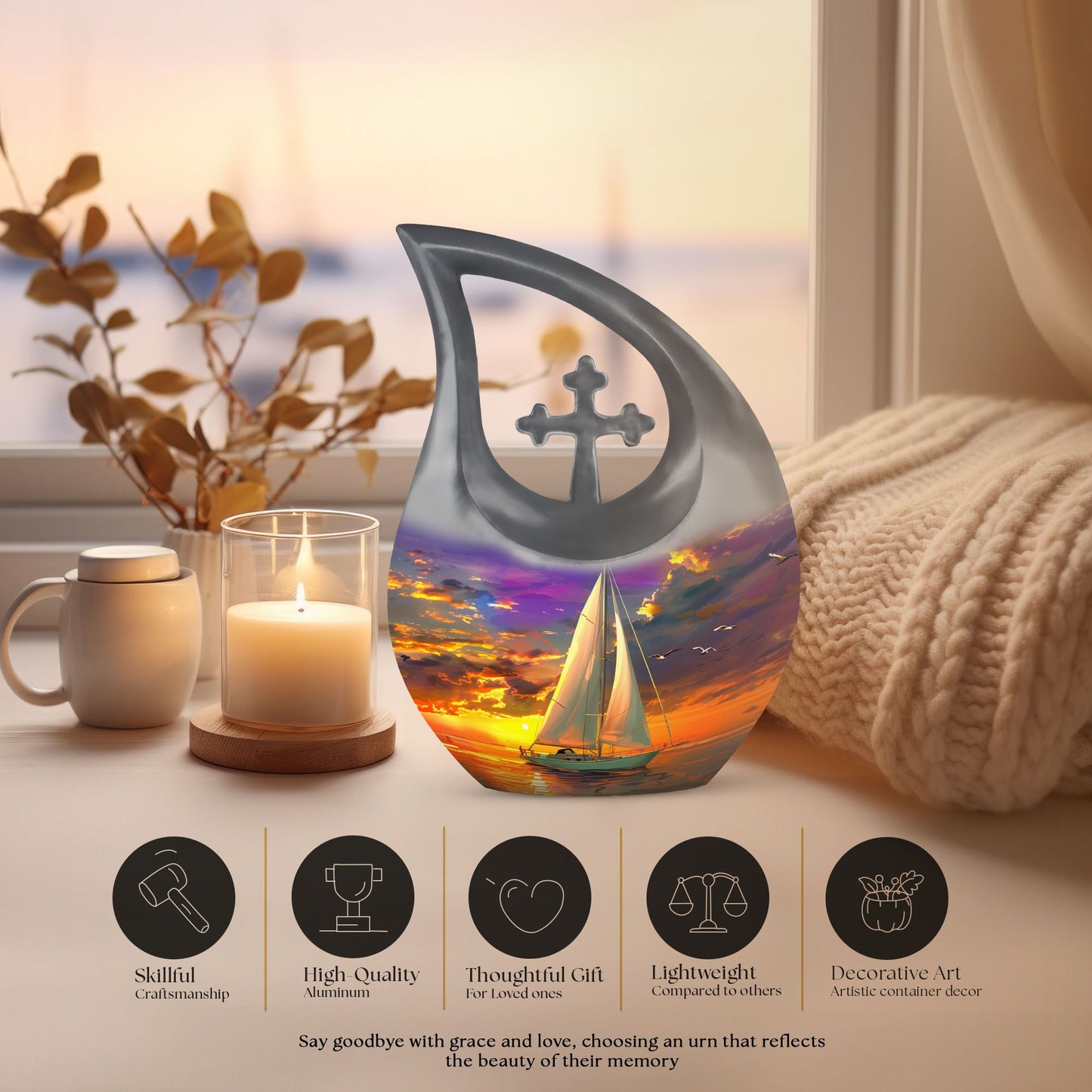 10 Inch Sail Boat Urn with Cross Drop design, 