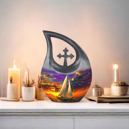10 Inch Sail Boat Urn with Cross Drop design, 