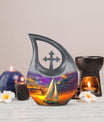10 Inch Sail Boat Urn with Cross Drop design, 