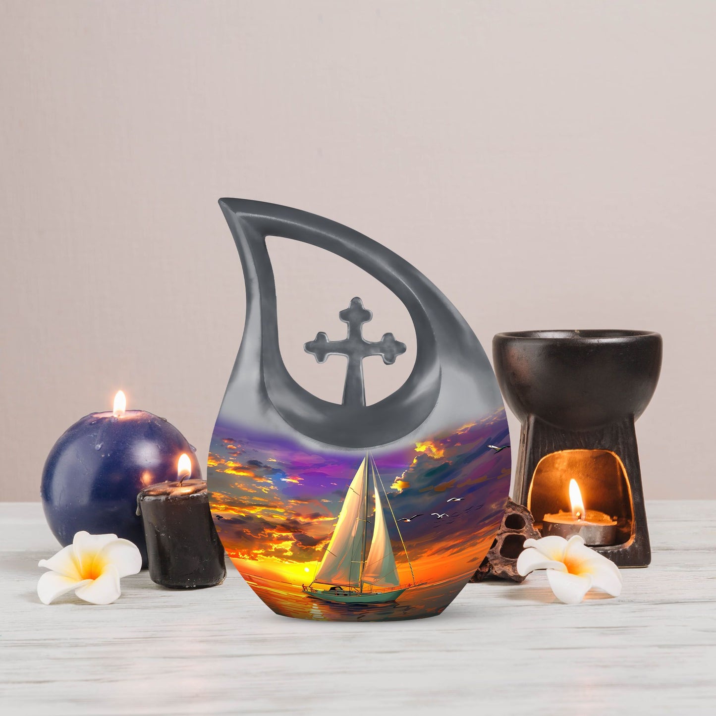 10 Inch Sail Boat Urn with Cross Drop design, 