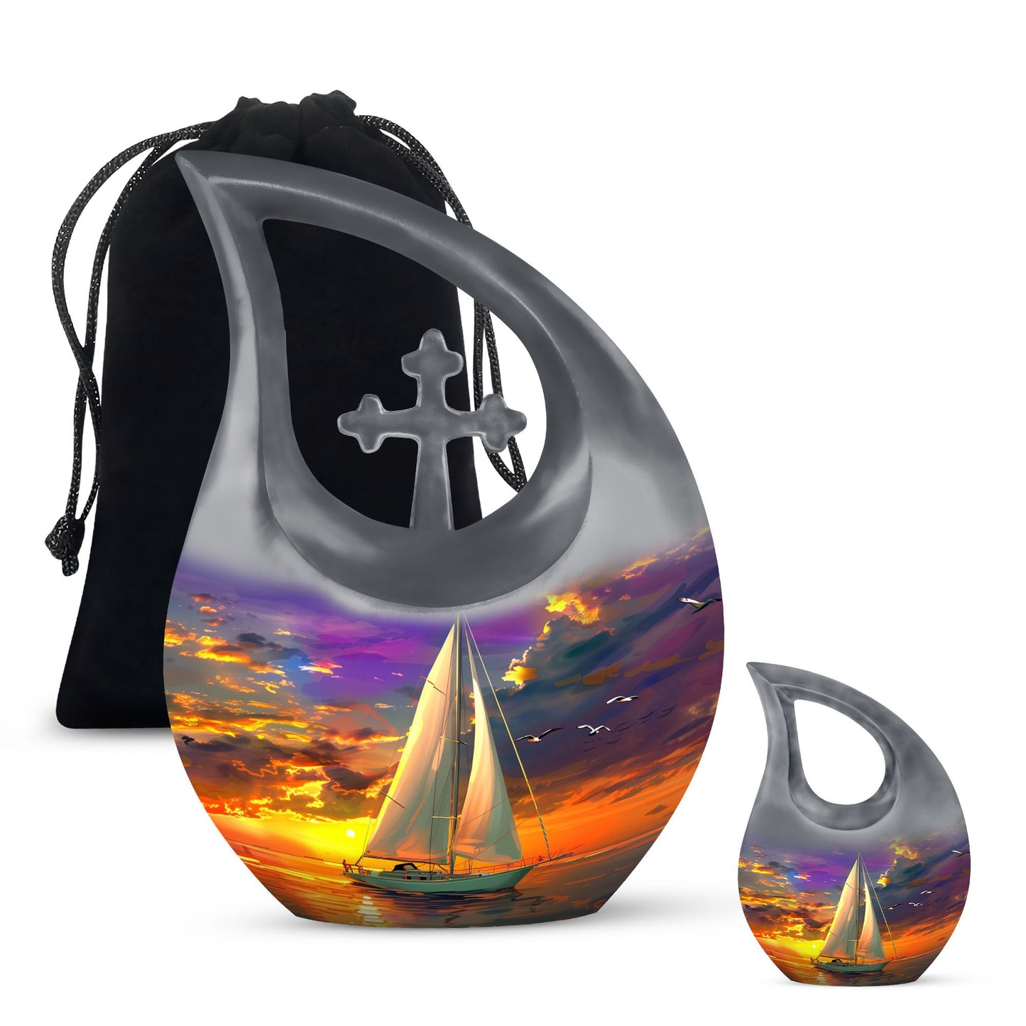 10 Inch Sail Boat Urn with Cross Drop design, 