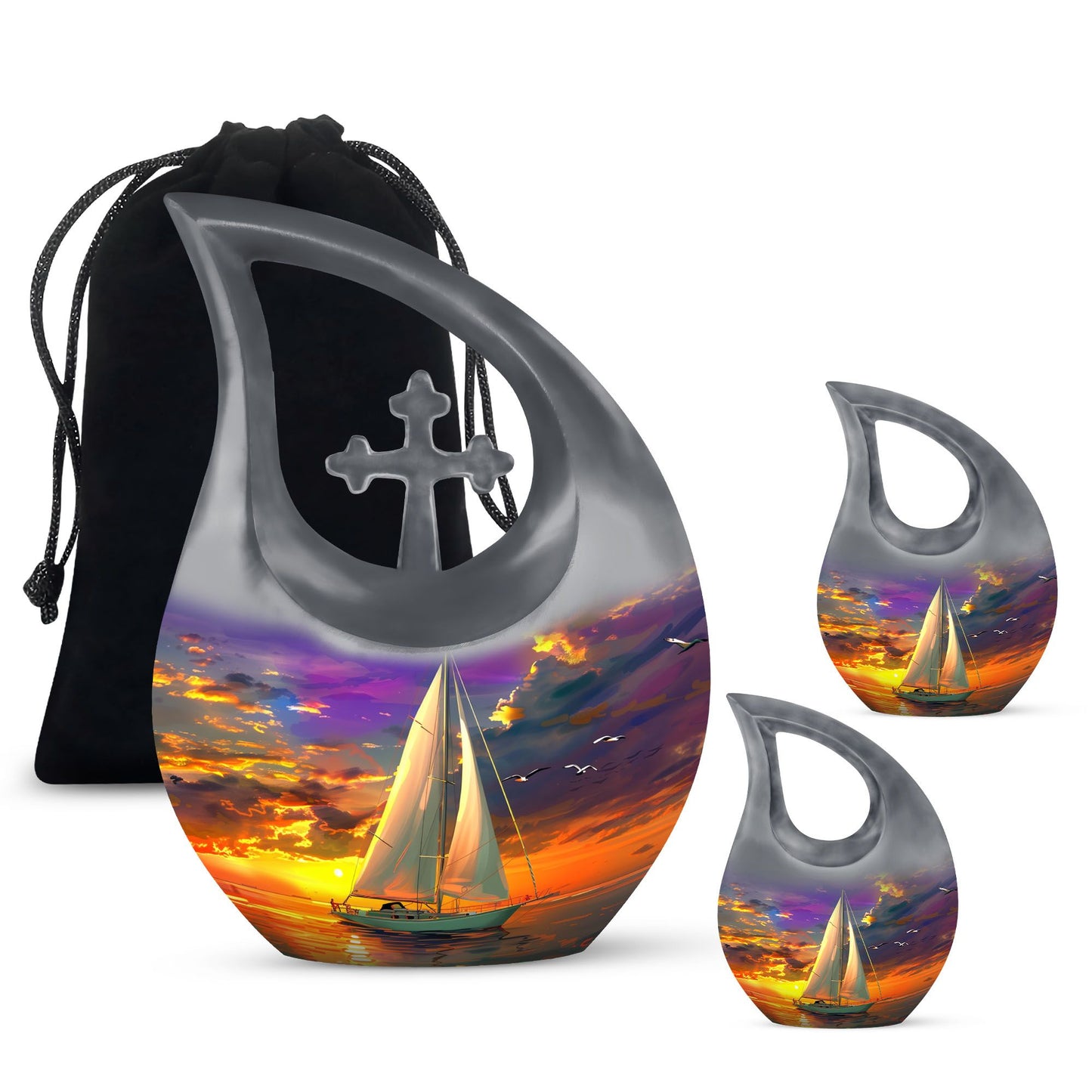 10 Inch Sail Boat Urn with Cross Drop design, 
