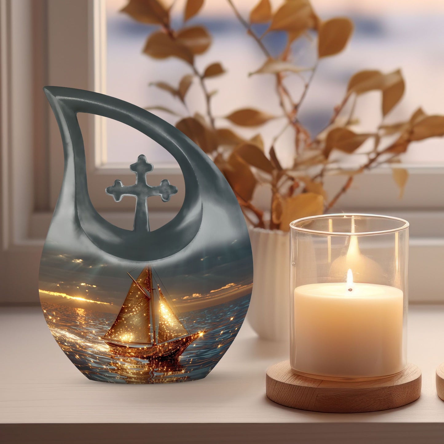 Aluminium Sail Boat Urn with Cross Drop design, 