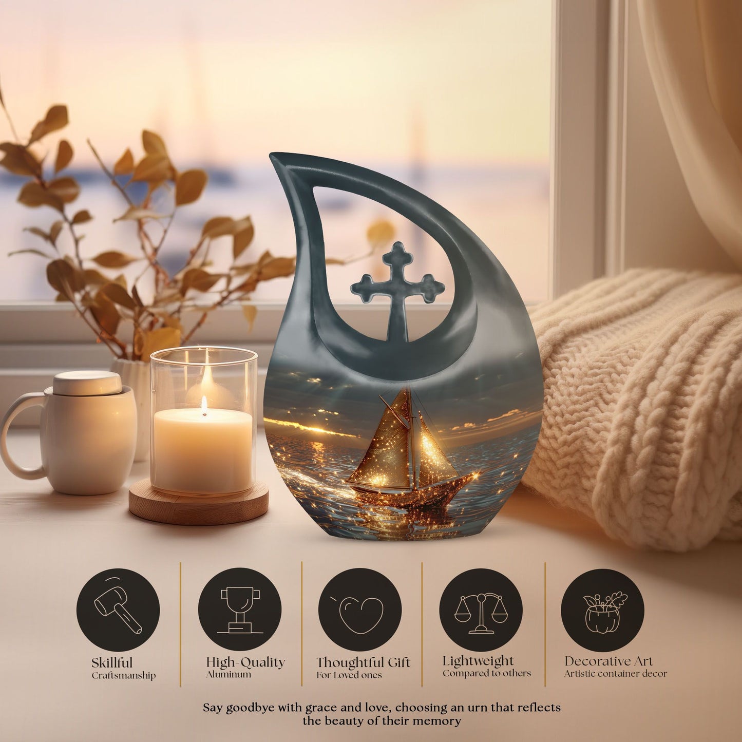 Aluminium Sail Boat Urn with Cross Drop design, 