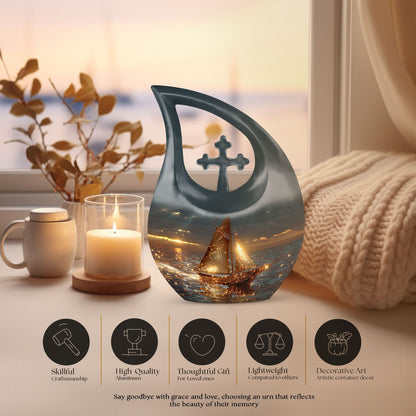 Aluminium Sail Boat Urn with Cross Drop design, 