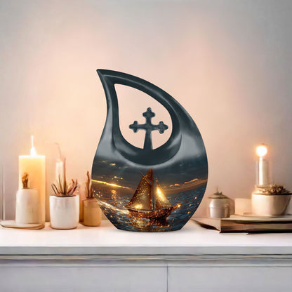 Aluminium Sail Boat Urn with Cross Drop design, 