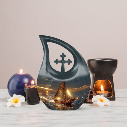 Aluminium Sail Boat Urn with Cross Drop design, 