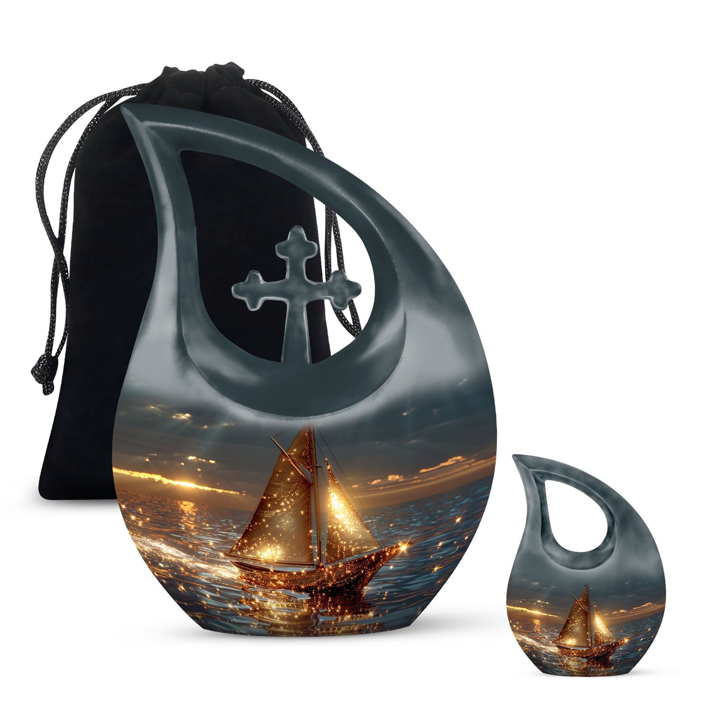 Aluminium Sail Boat Urn with Cross Drop design, 