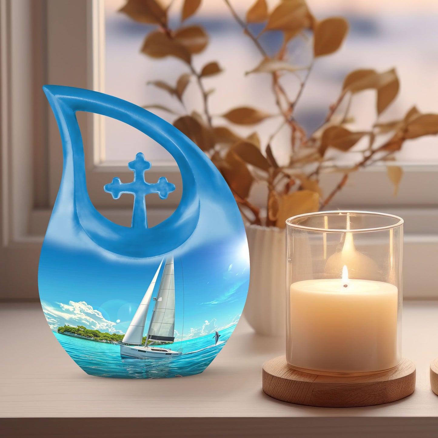 10-Inch Sail Boat Urn with Cross Drop Design,