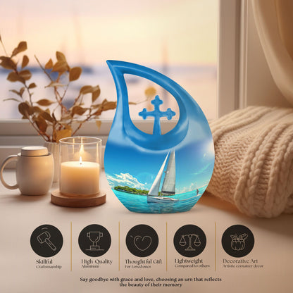 10-Inch Sail Boat Urn with Cross Drop Design,