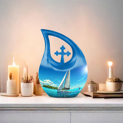 10-Inch Sail Boat Urn with Cross Drop Design,