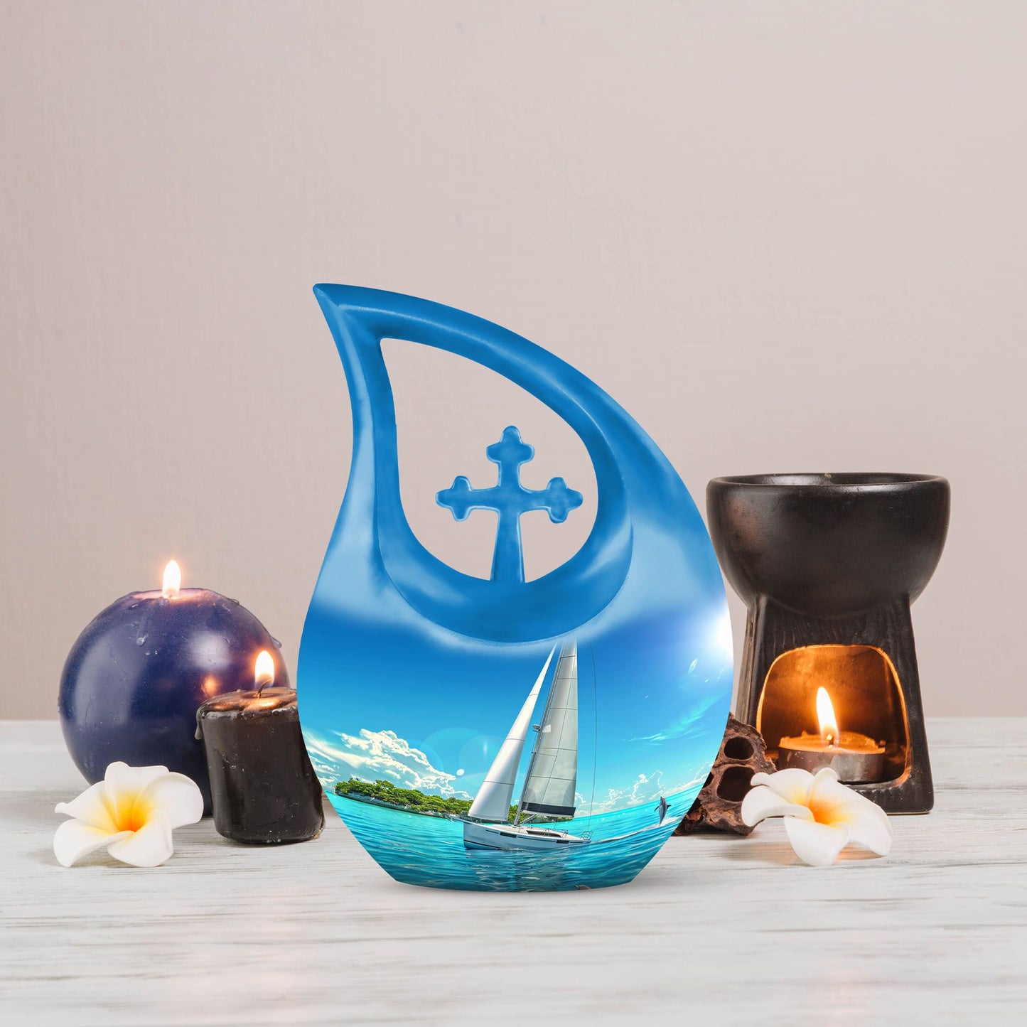 10-Inch Sail Boat Urn with Cross Drop Design,