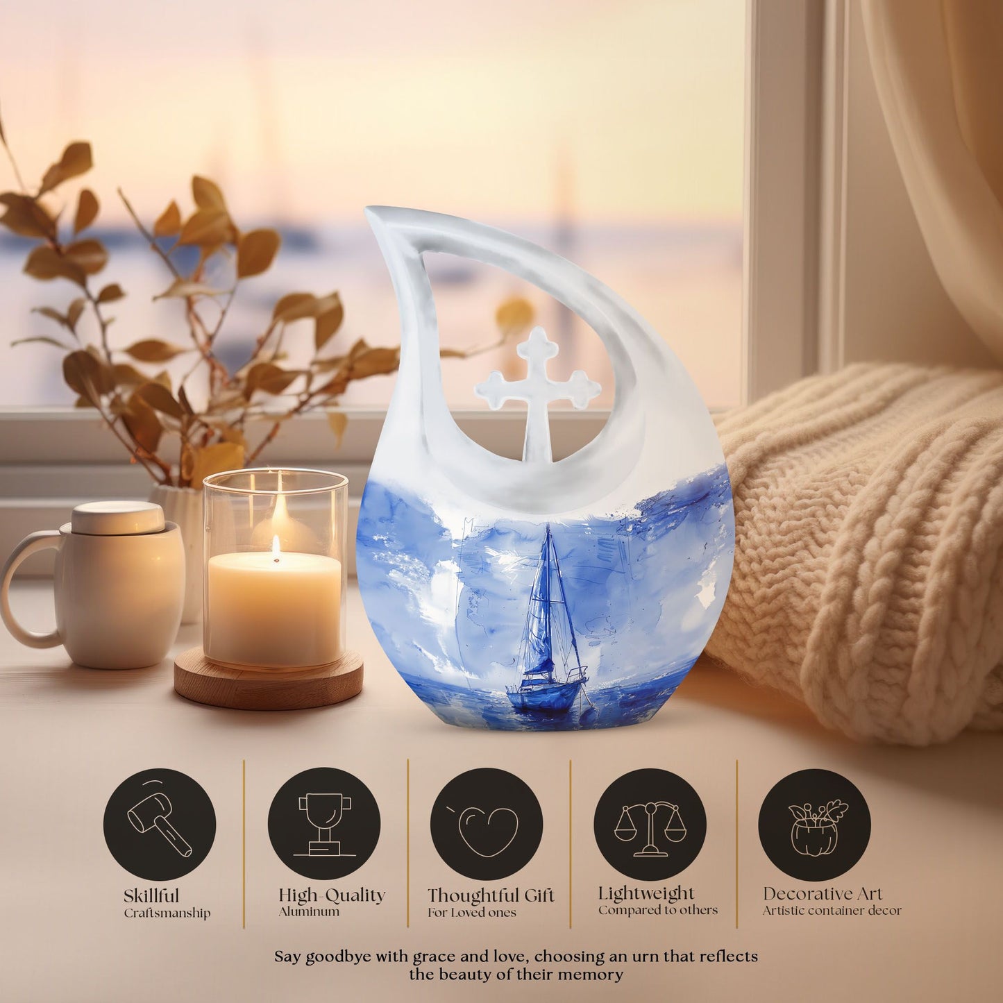 10-inch Aluminium Sail Boat urn with Cross Drop design
