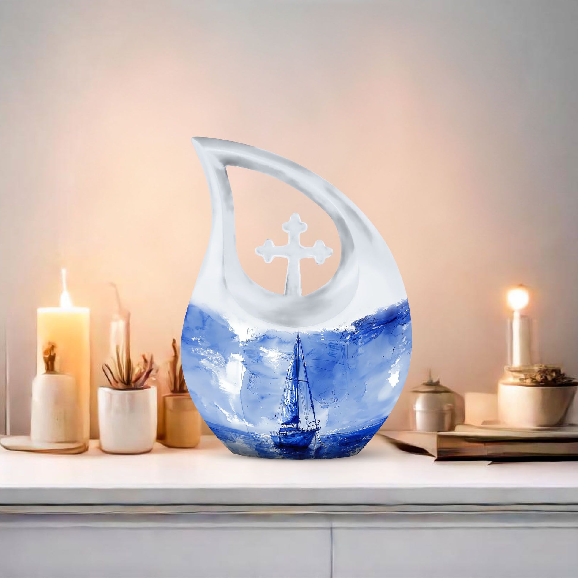 10-inch Aluminium Sail Boat urn with Cross Drop design