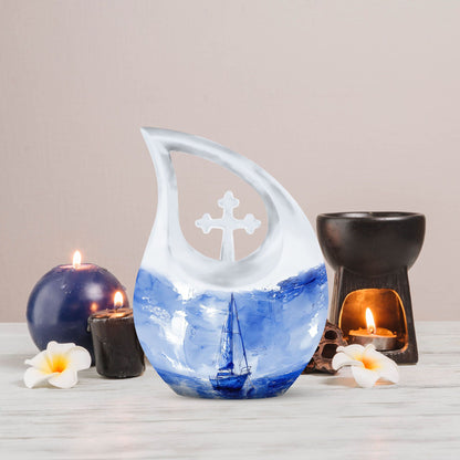 10-inch Aluminium Sail Boat urn with Cross Drop design